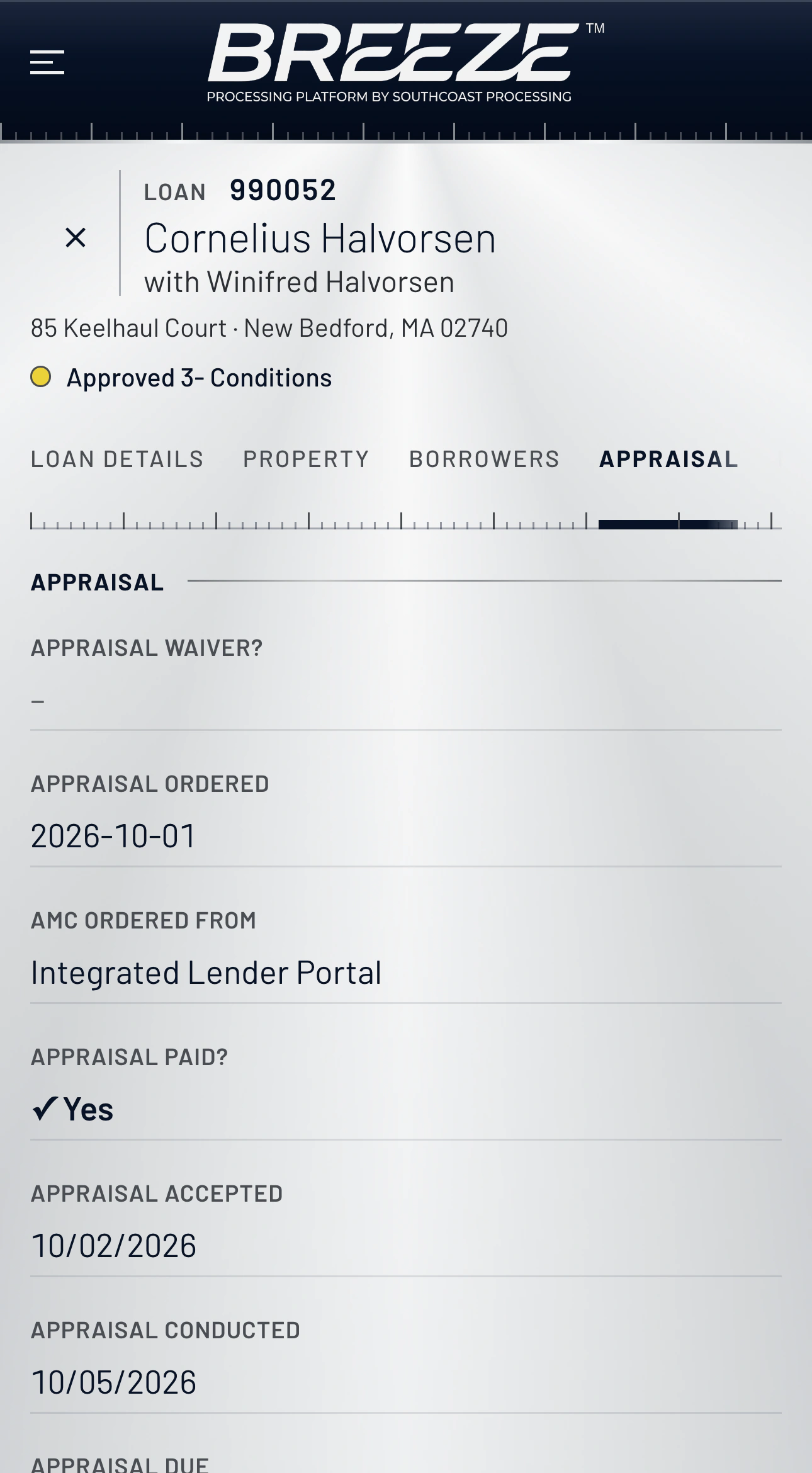 The appraisal tab of a loan in BREEZE: ordered October 1, paid, accepted October 2, conducted October 5, due October 9, with the appraised value not yet in.