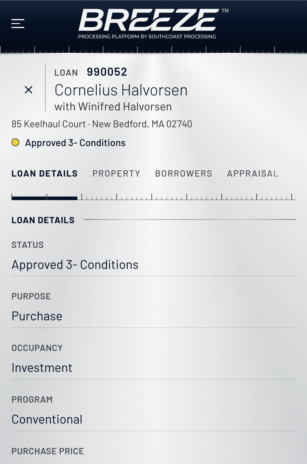 The Loan Details tab of a loan in BREEZE: status, purpose, occupancy, program, purchase price, loan amounts, investor, and the key dates from closing date to initial approval.
