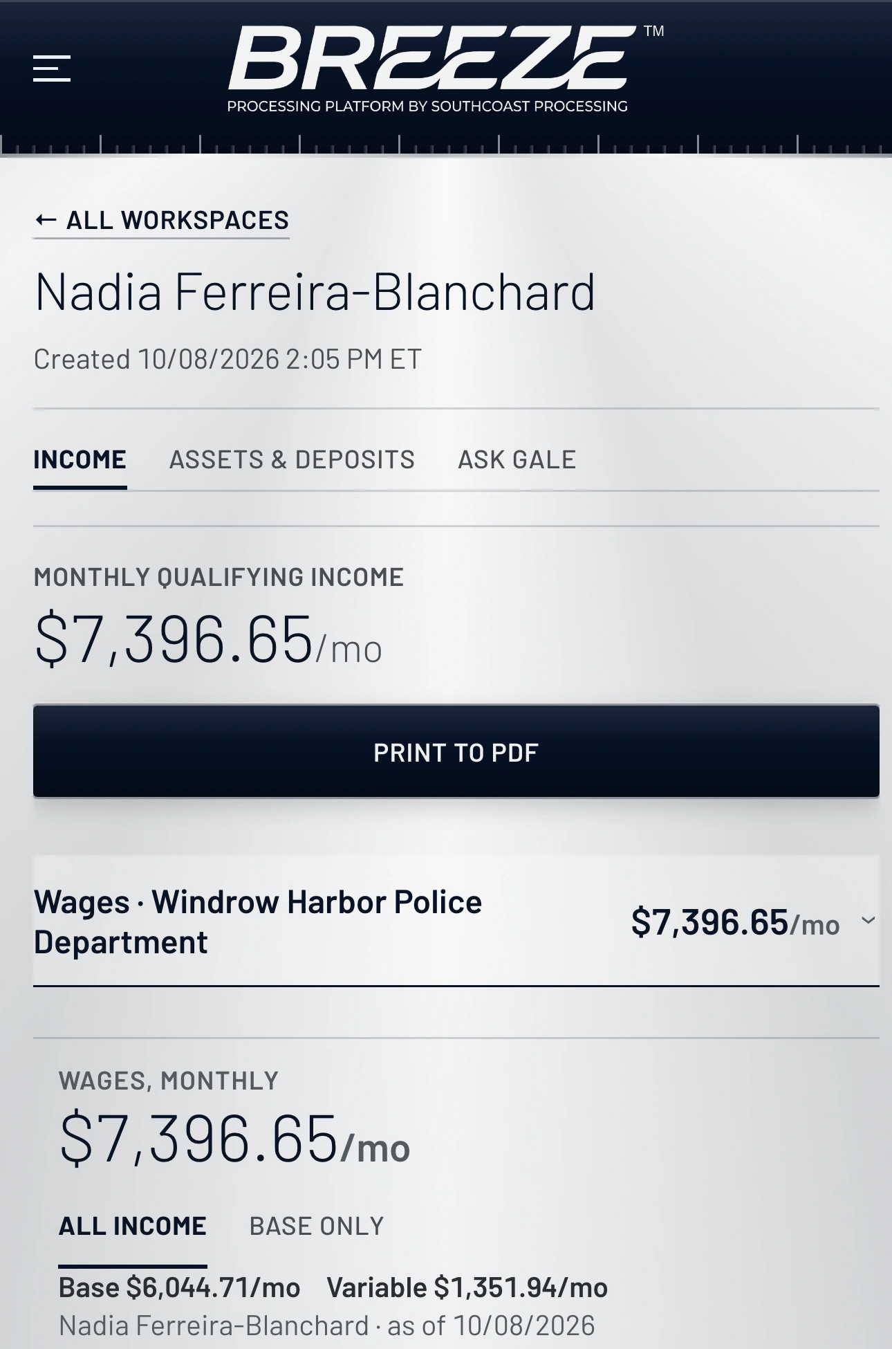 GALE's income workspace in BREEZE: five documents listed as done and a monthly qualifying income of $7,396.65, broken into base and variable pay.