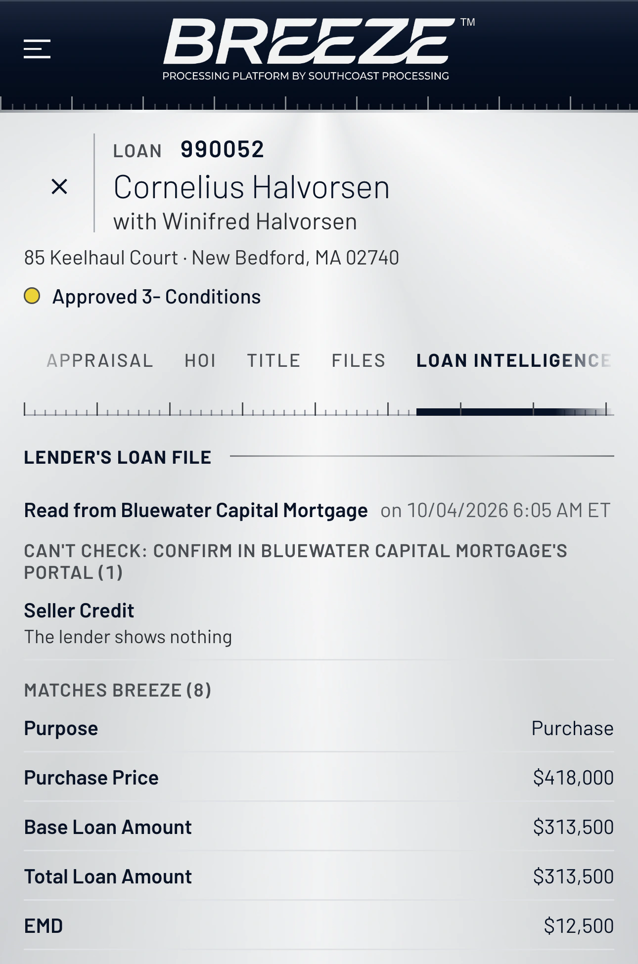 Loan Intelligence showing the lender's loan file read from the lender's system that morning, eight fields matching BREEZE, and the lender's conditions listed with their status.