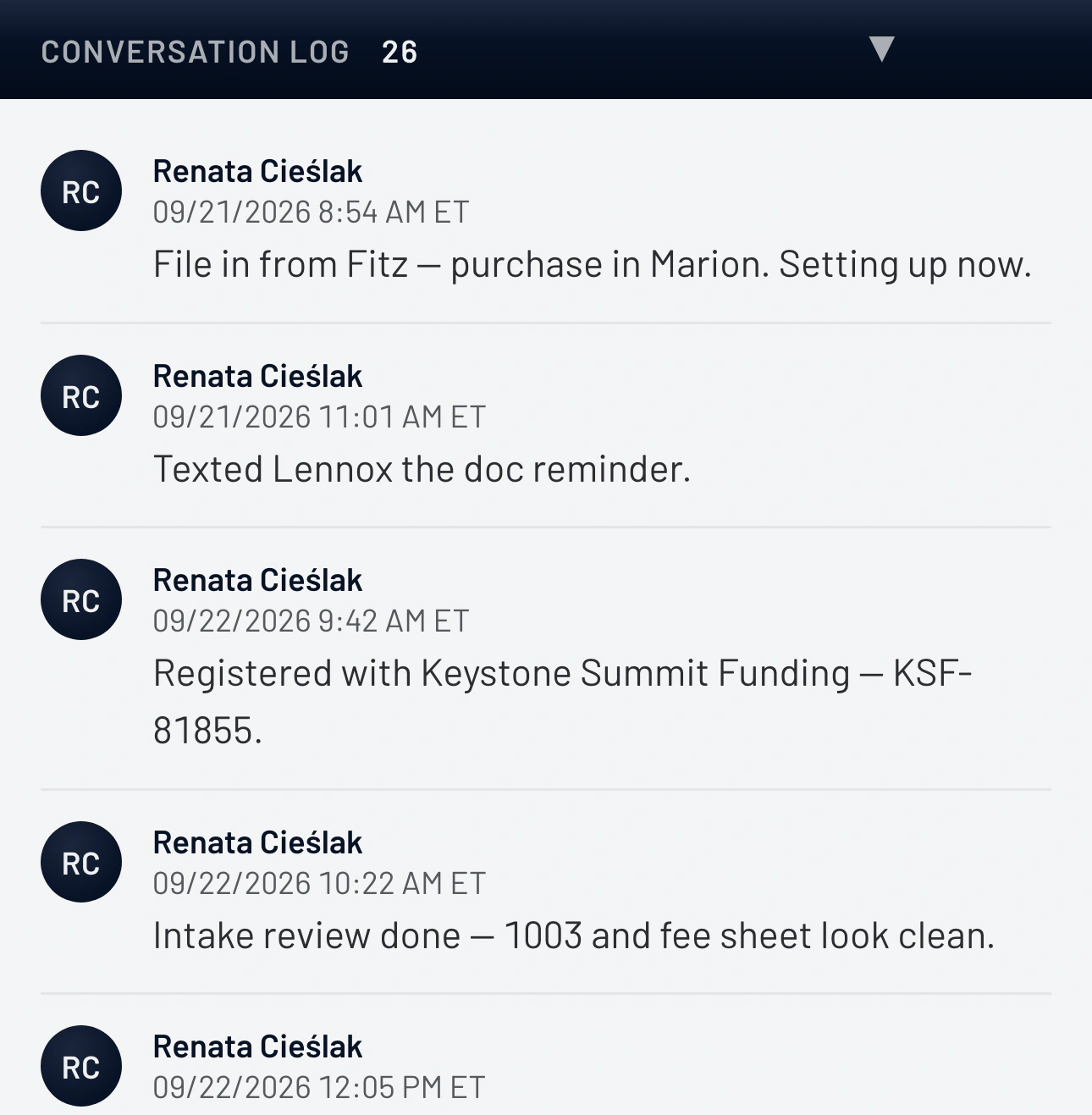 The Conversation Log of a loan in BREEZE: time-stamped entries by the processor, starting with the file arriving at 8:54 AM and setup beginning that minute, then the lender registration, the intake review, the title order, and the request for the insurance binder.