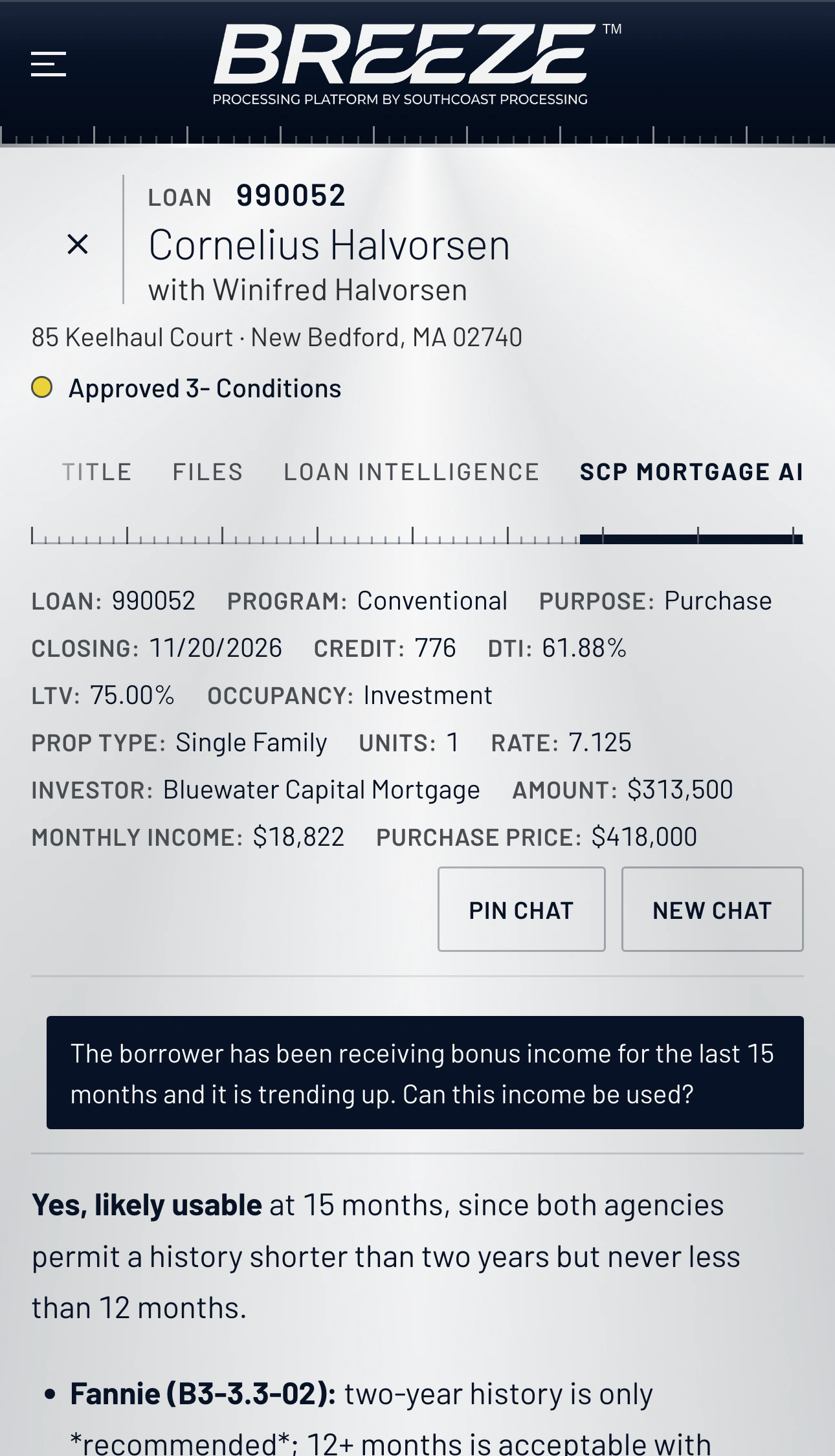 SCP Mortgage AI answering a question about fifteen months of bonus income on a conventional loan: usable as the documented exception to the two-year rule, with the guideline sections cited.