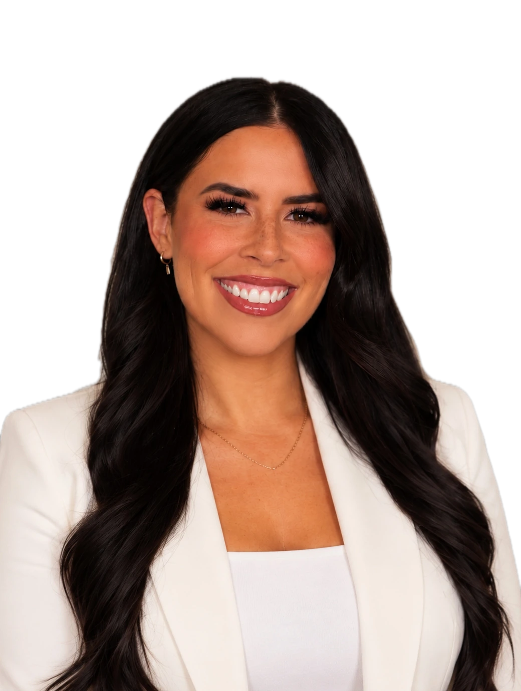 Sarah Barboza, smiling, in a white blazer.
