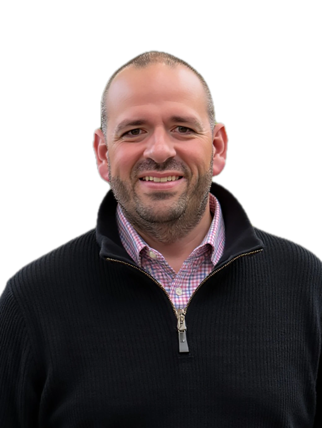 Scott Dubois, smiling, in a black quarter-zip over a checked shirt.